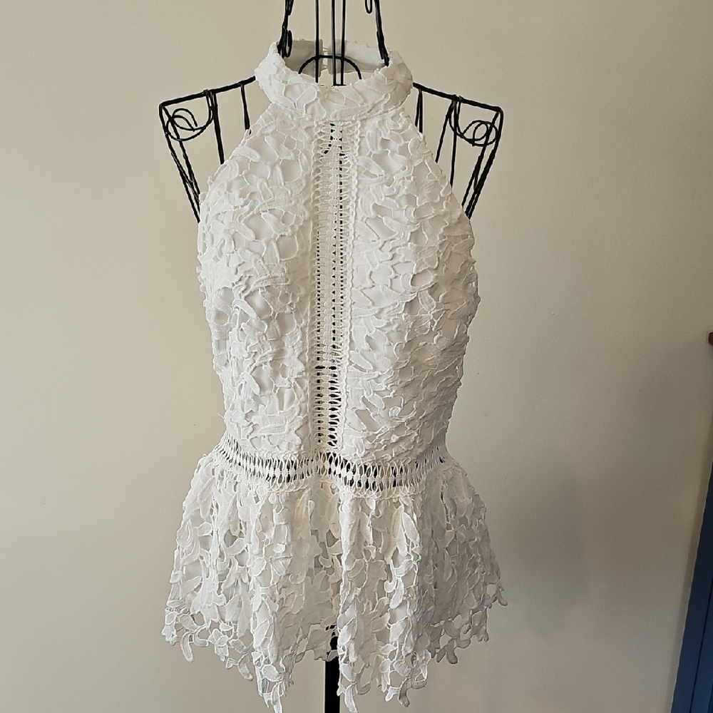 VENUS White Lace Halter Top with Peplum Detail